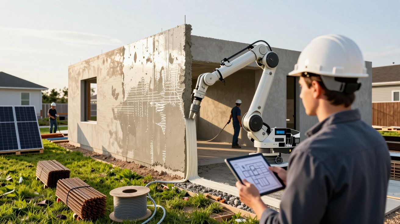 Obreros con casco supervisan un robot que construye una pared de cemento, rodeados de materiales y paneles solares.