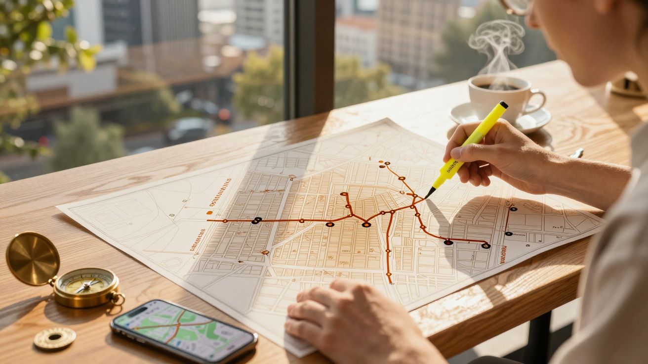 Persona trazando ruta en mapa de ciudad en mesa, con móvil, café y brújula cerca, vista de ciudad por la ventana.