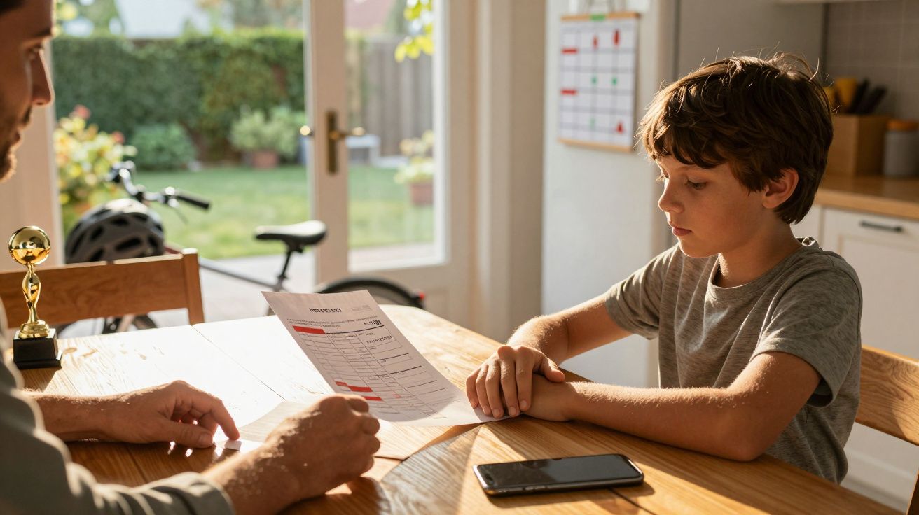 Niño mira documento en mesa con adulto, luz natural entra por puerta corredera, bicicleta y casco en fondo.