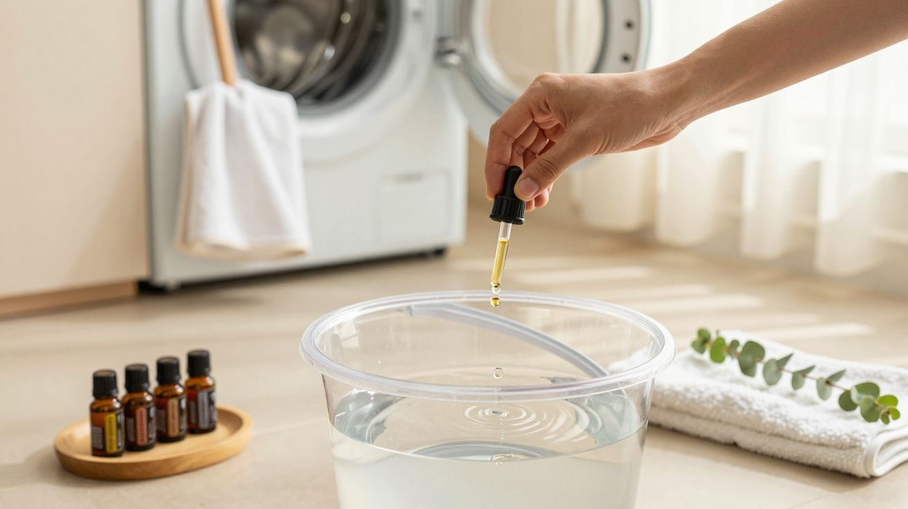 Mano sosteniendo un cuentagotas sobre un cuenco de agua, con aceites esenciales cerca de una lavadora.