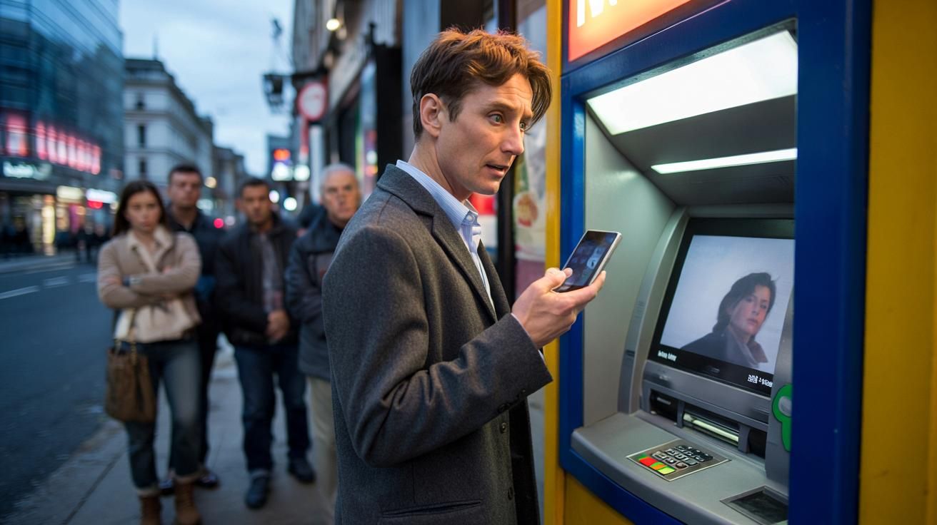 Hombre usando un teléfono móvil frente a un cajero automático.