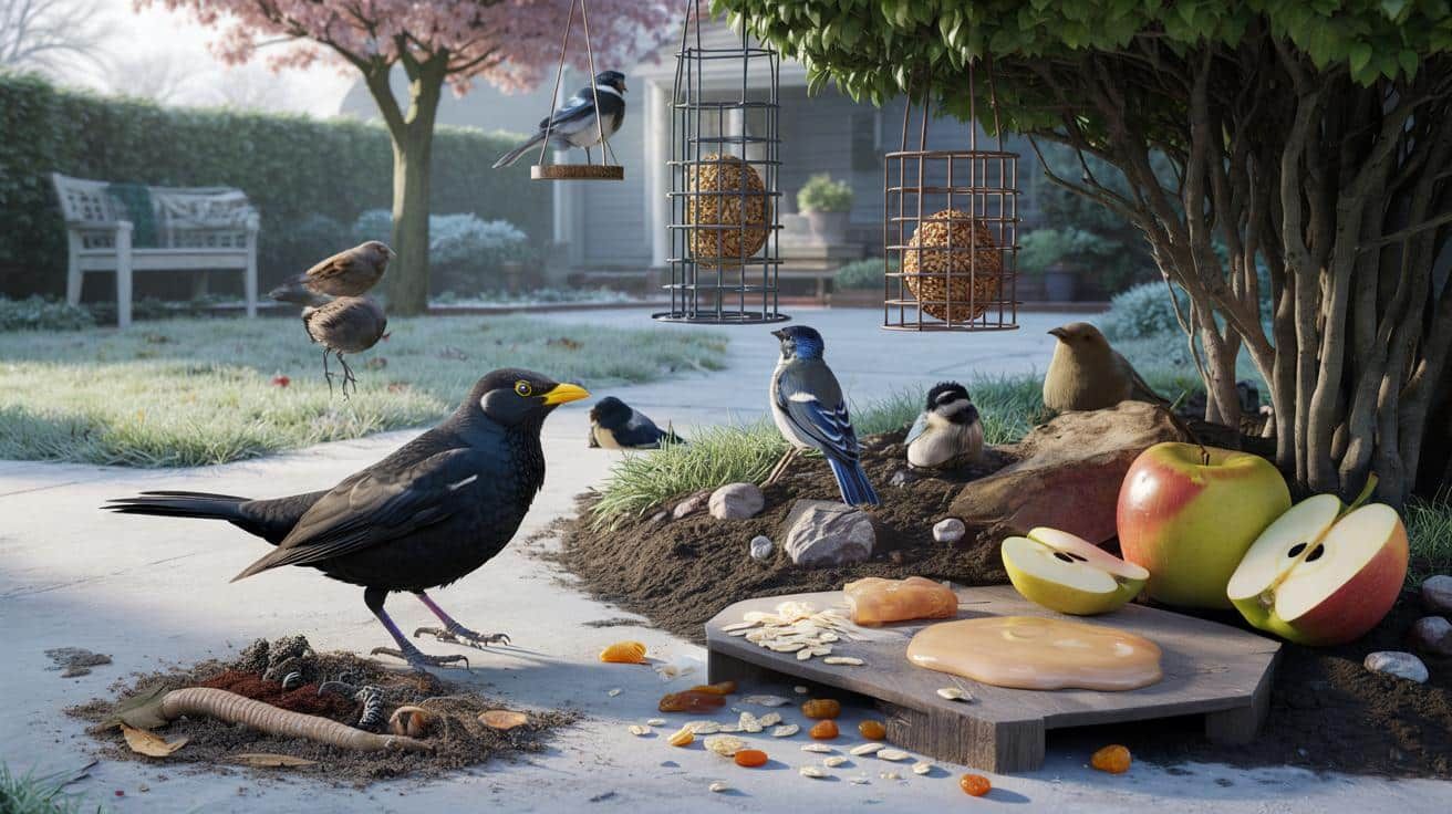 Hombre alimentando a dos mirlos con frutas en un jardín lleno de hojas secas y comedero colgante.