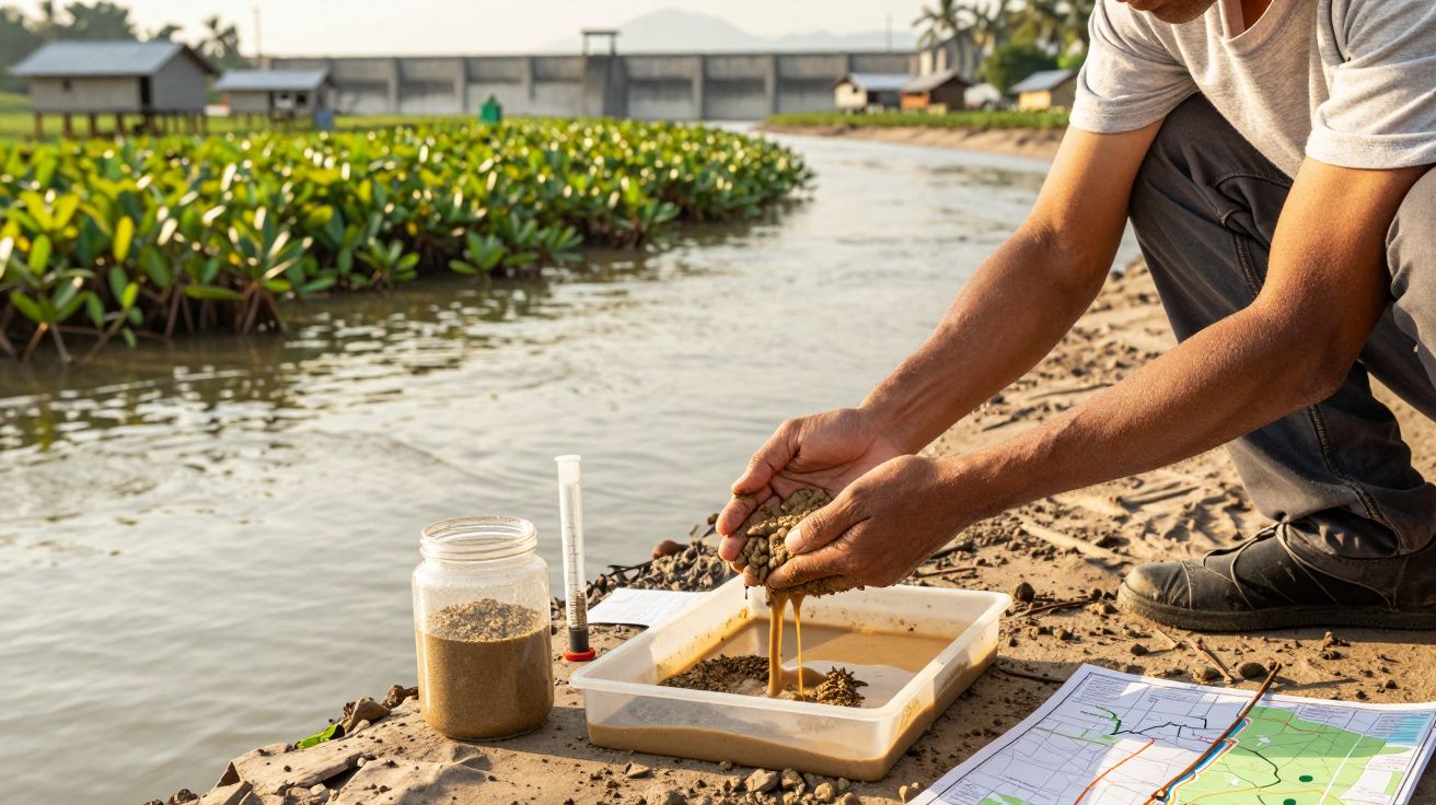 Persona realizando análisis de suelo junto a un río, con plantas acuáticas, frascos de muestras y un mapa en el suelo.