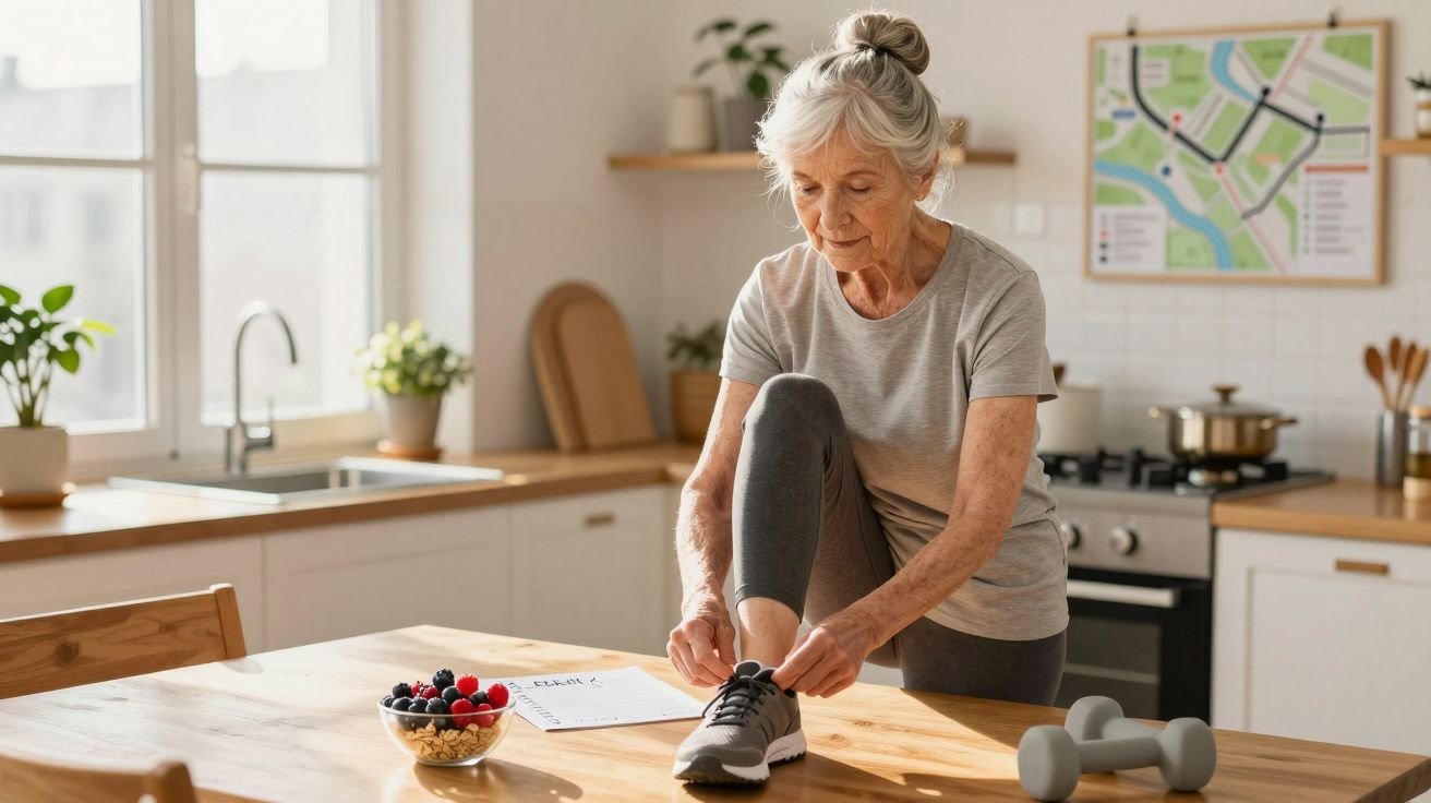 Mujer mayor atando sus zapatillas sobre la mesa de la cocina, con frutas, papeles y mancuernas cerca.