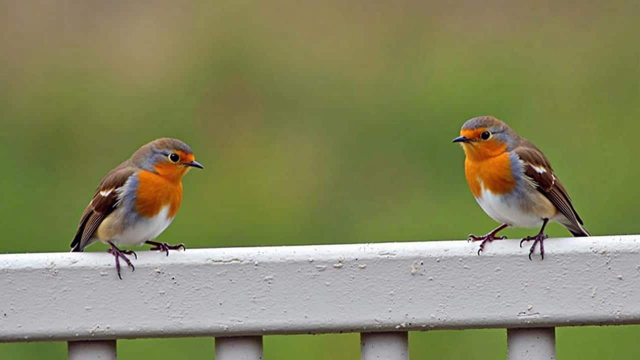 Petirrojo en una barandilla nevada mientras una persona prepara comida en un jardín.