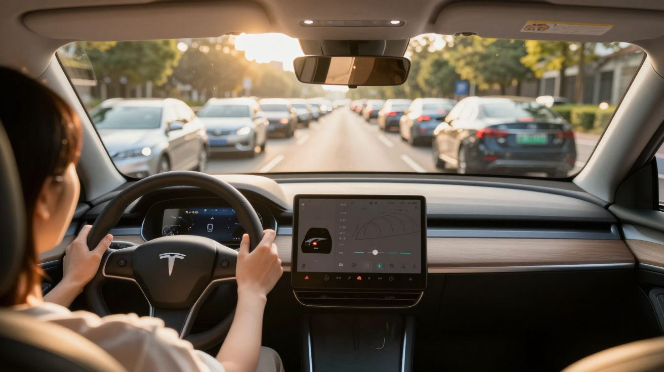 Persona conduciendo un coche eléctrico Tesla en una carretera con tráfico al atardecer.