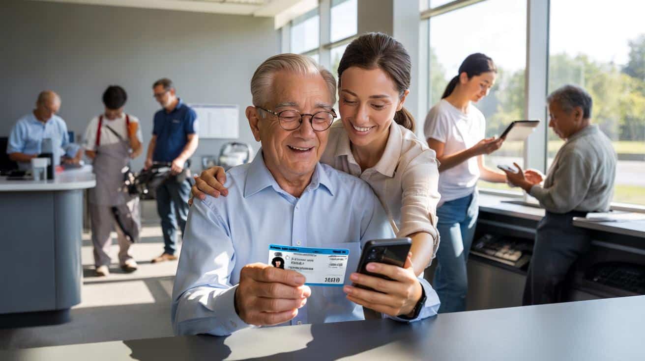 Mujer mayor y joven sonriendo mientras revisan documentos en una mesa con móvil, llaves y monedero.