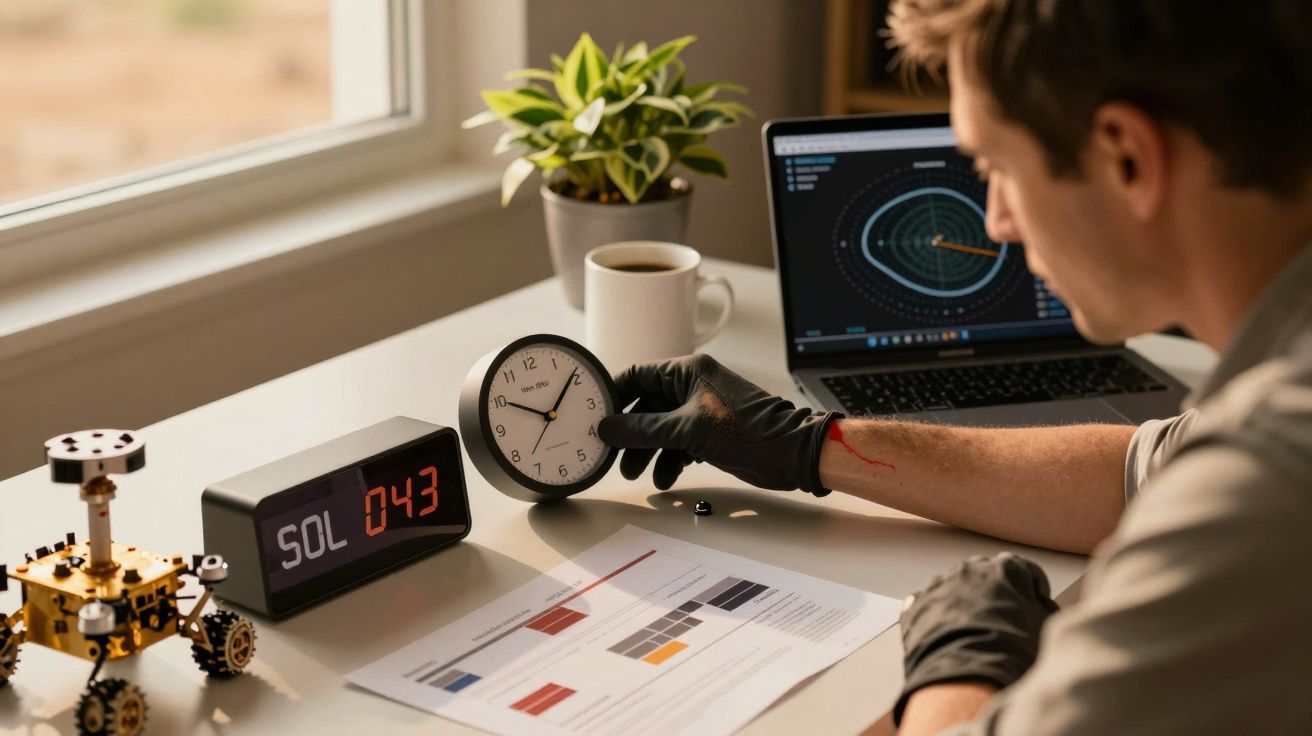 Hombre con guantes observa un reloj mientras trabaja con gráficos en ordenador. Hay una planta, café y modelo de robot sobre 