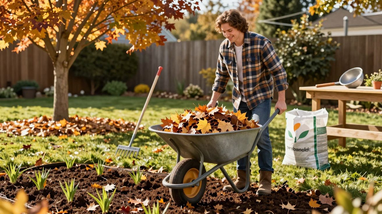 Persona llevando hojas de otoño en una carretilla en un jardín, con un rastrillo cerca y un árbol con hojas naranjas.