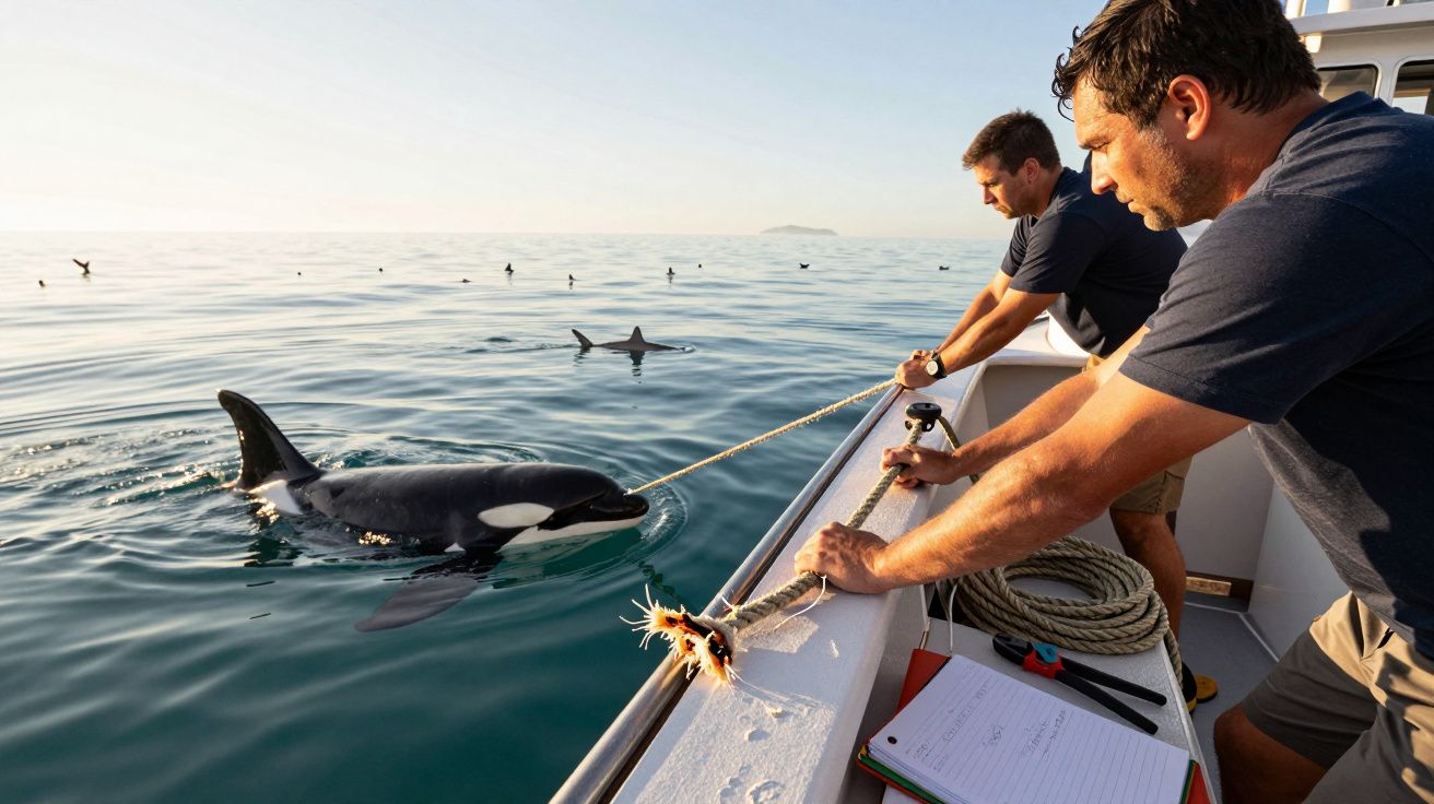 Dos hombres en un barco observan una orca en el agua mientras sostienen una cuerda. Al fondo se ven otras orcas.