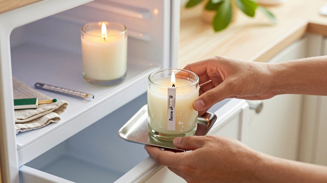 Una mano coloca una vela encendida en un frigorífico, junto a otra vela y un termómetro.