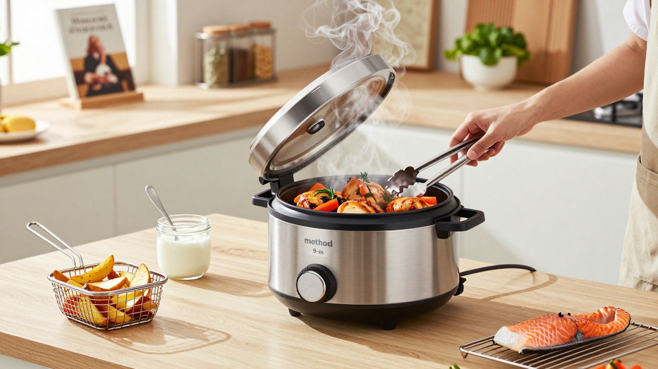 Persona cocinando mariscos y verduras en una olla eléctrica en la cocina, con patatas fritas y salmón al lado.