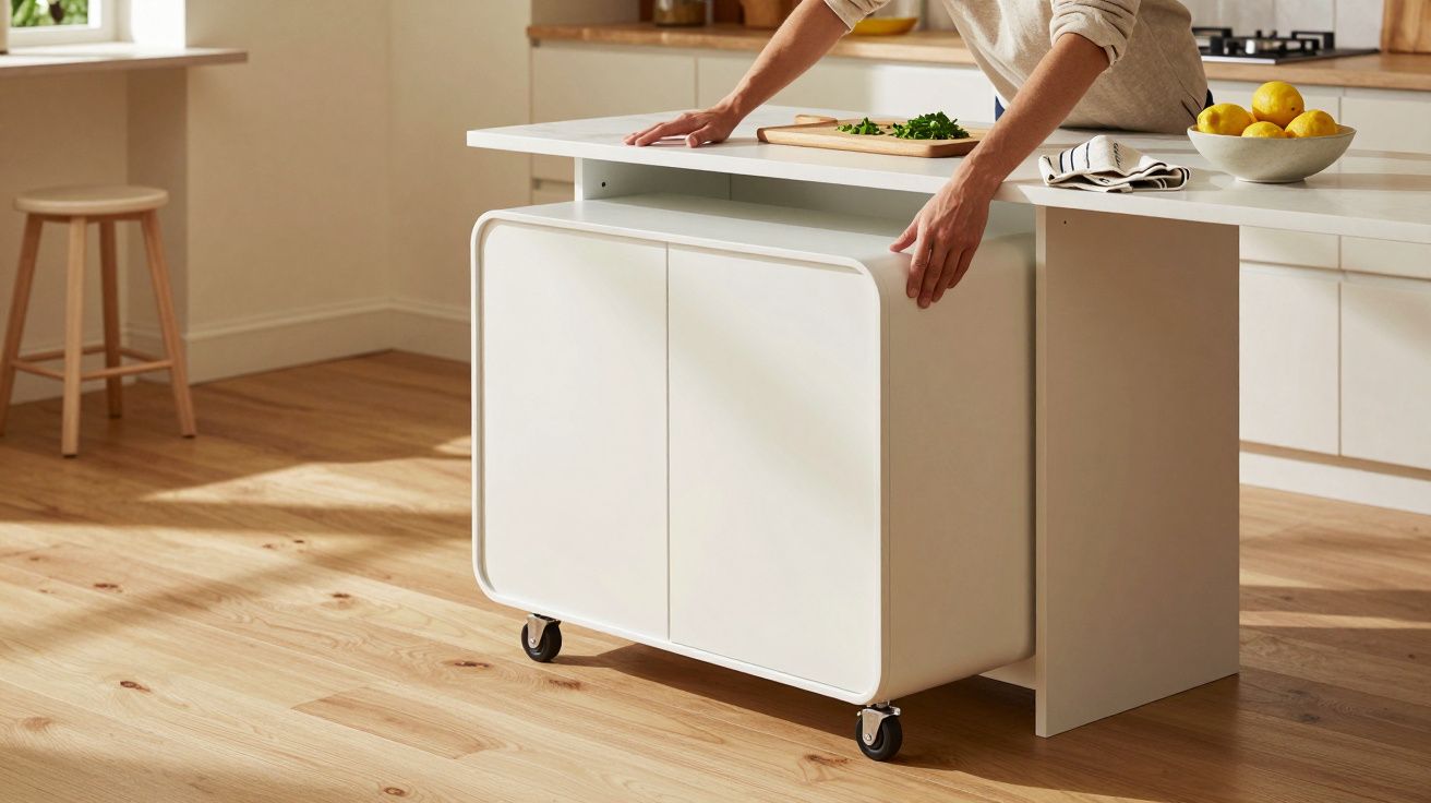 Persona moviendo isla de cocina blanca con ruedas, sobre suelo laminado, con limones y verduras en la encimera.