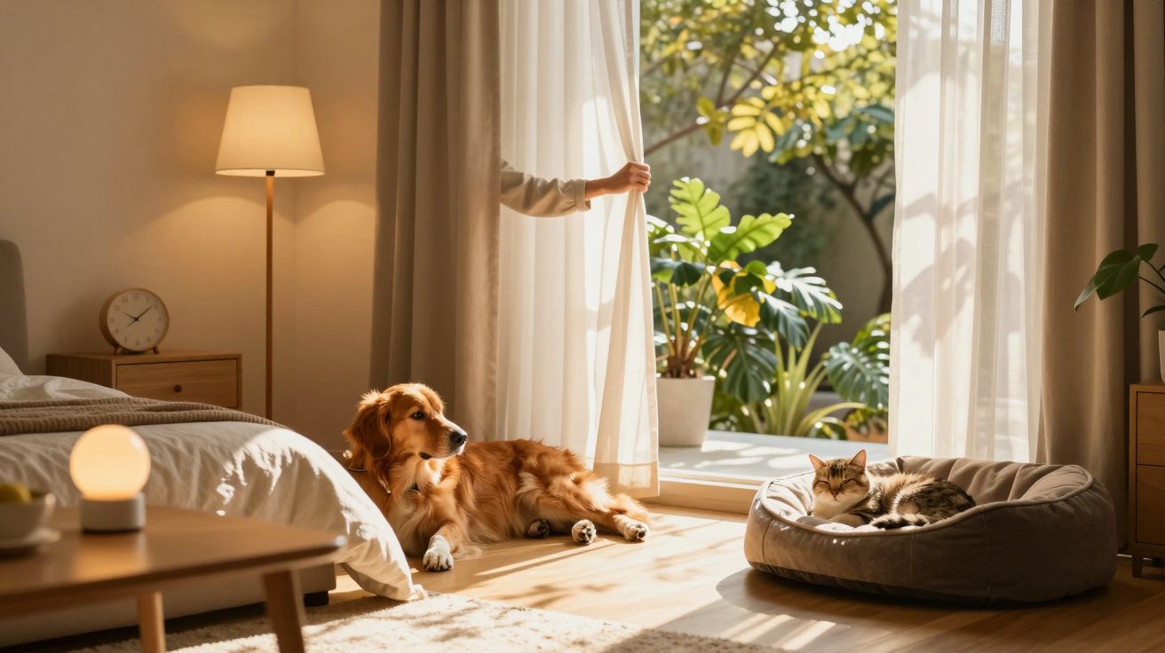 Perro y gato relajados junto a ventanas, con luz natural y plantas al fondo en una habitación acogedora.