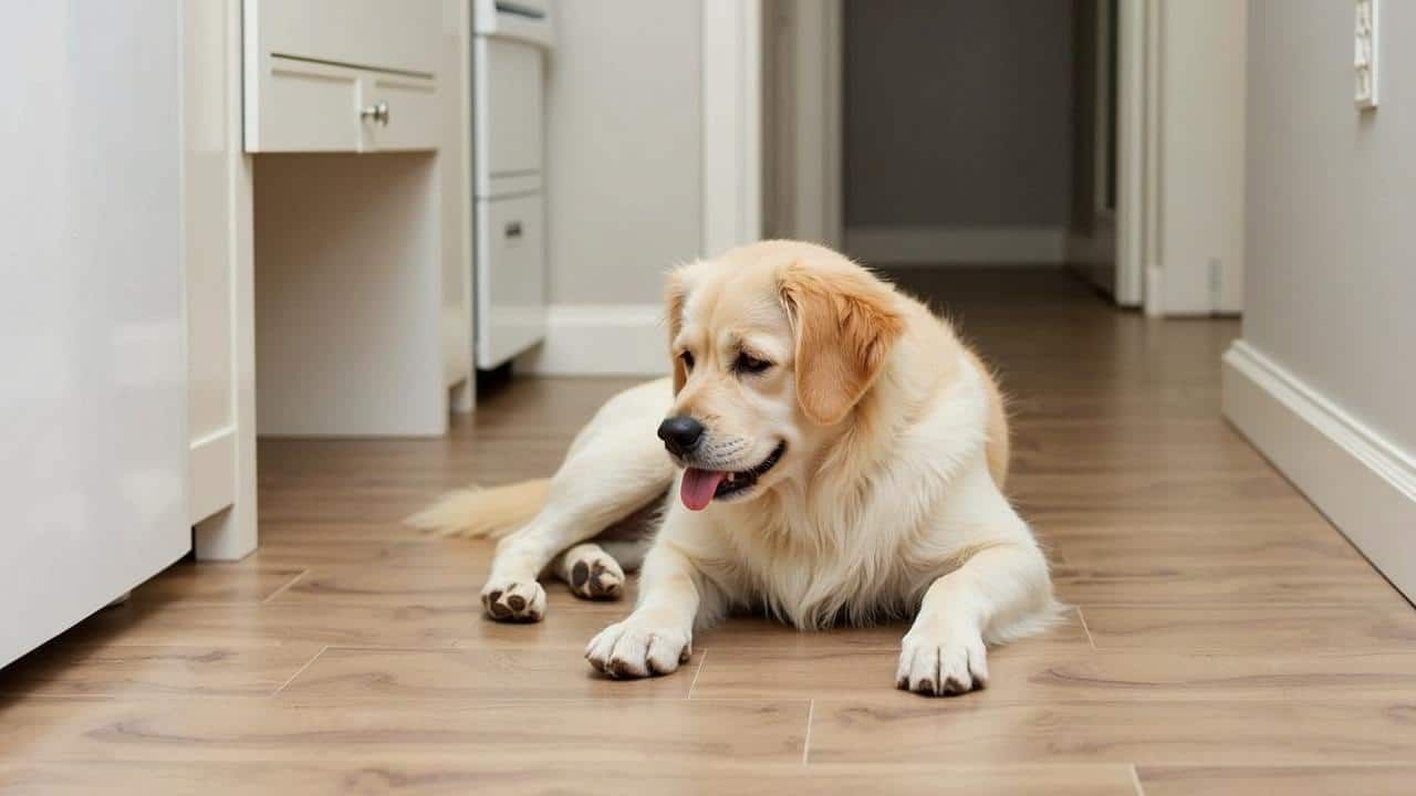 Perro y gato jugando y comiendo en el suelo de una sala, con una pelota amarilla y croquetas.