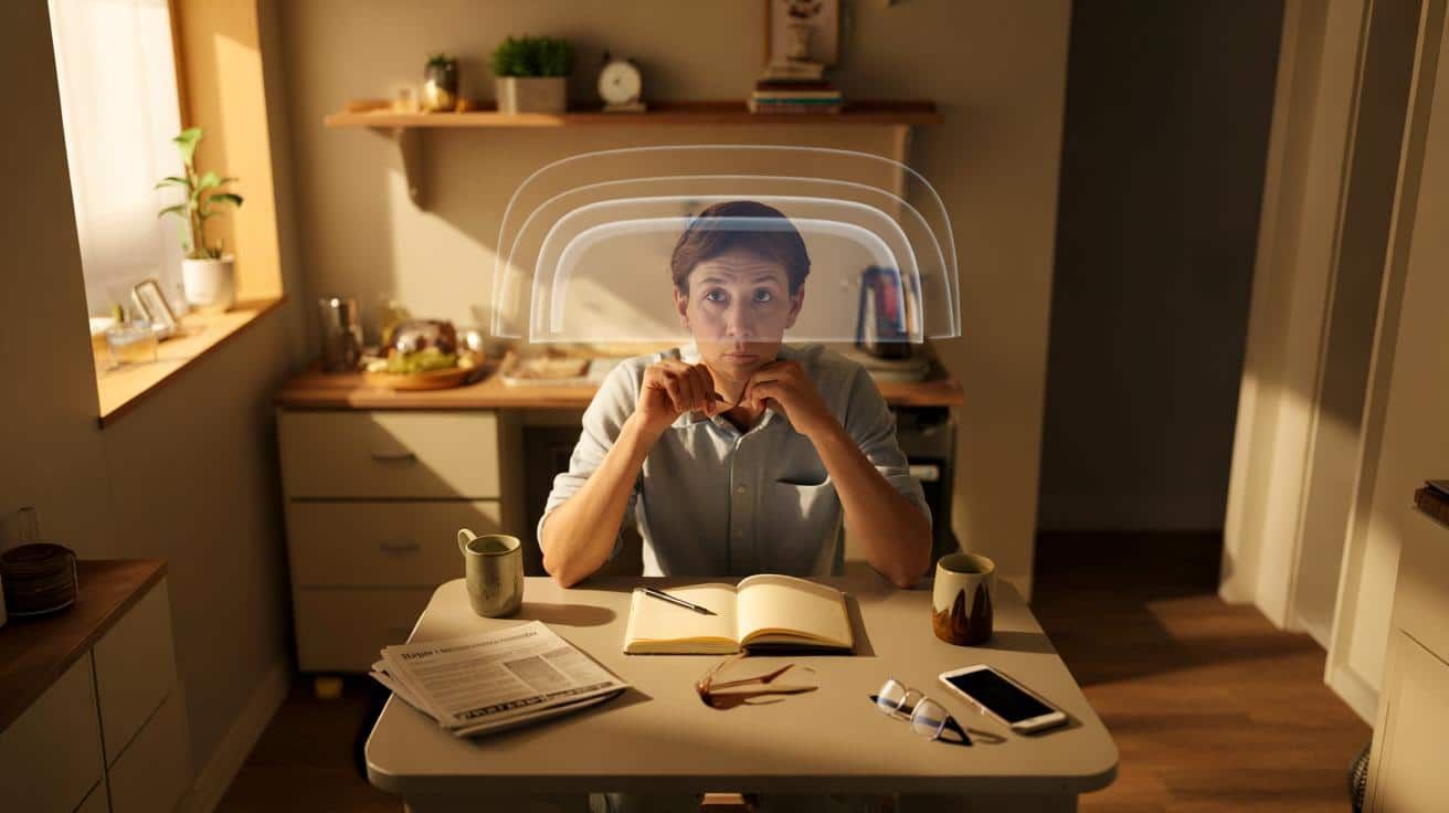 Persona escribiendo en una hoja con círculos de colores en un escritorio, junto a un tarro con clips y un cubo con patrones d