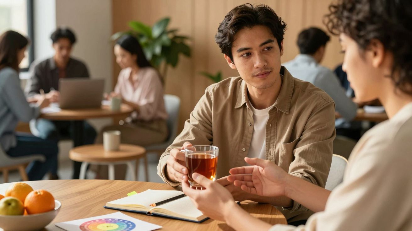 Personas conversando en una cafetería, una sostiene una taza de té. En la mesa, un cuaderno y un plato de fruta.
