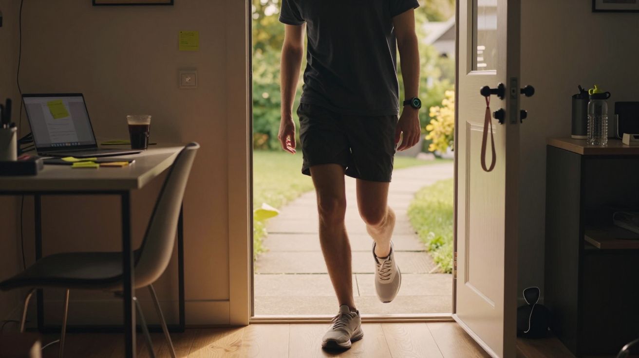 Persona entrando desde el jardín en una habitación iluminada, con escritorio y silla a la izquierda.