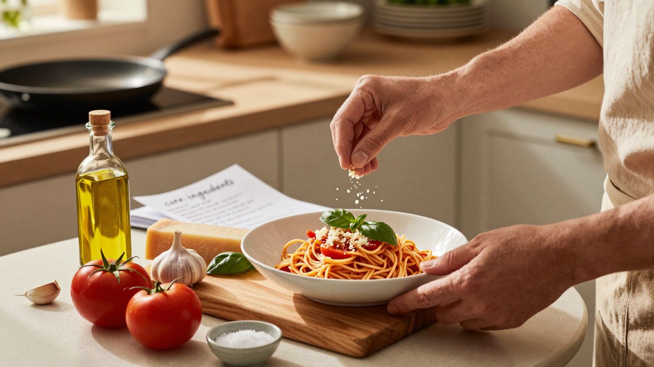 Persona espolvoreando queso sobre un plato de espaguetis en una cocina con ingredientes frescos como tomates y ajo.