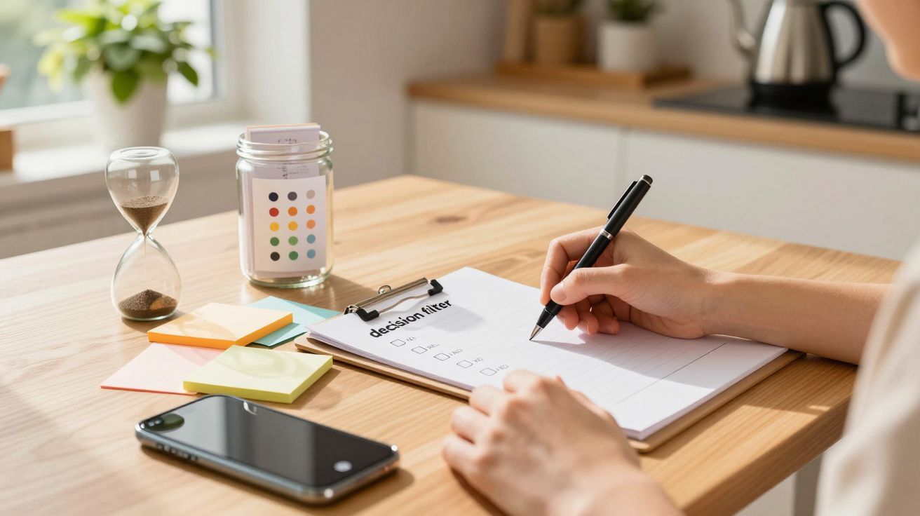Persona escribiendo en un bloc de notas sobre una mesa con teléfono, reloj de arena y tarjetas de colores.