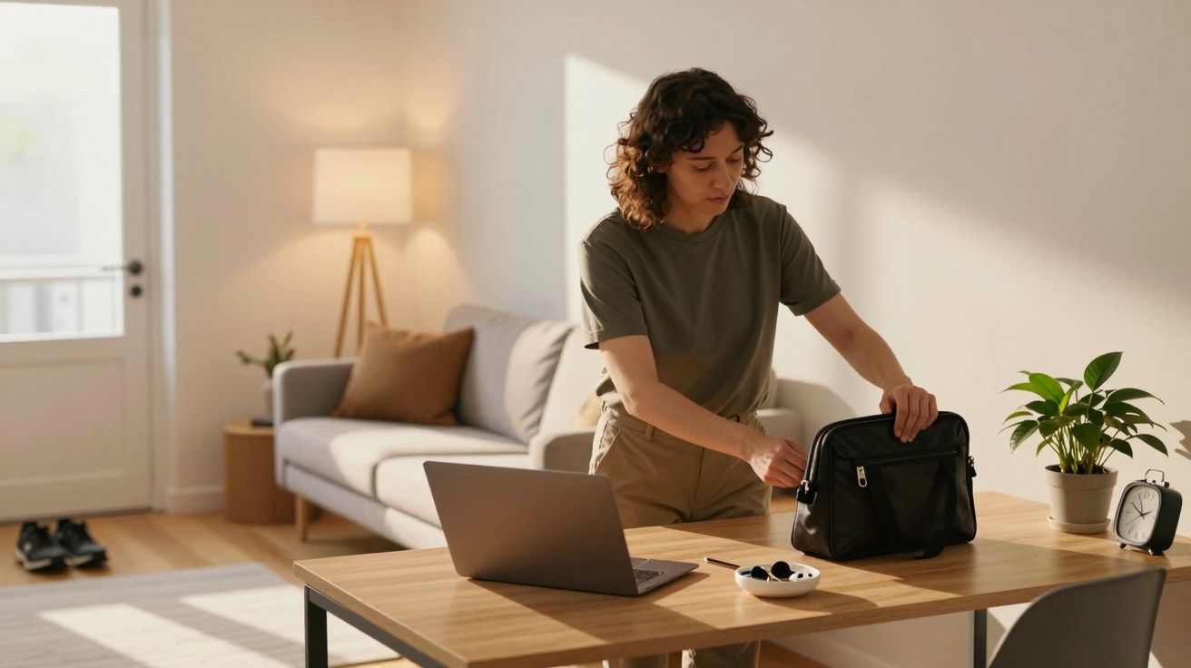 Persona preparando una bolsa sobre una mesa con un portátil, un bol, y una planta, en un salón iluminado.