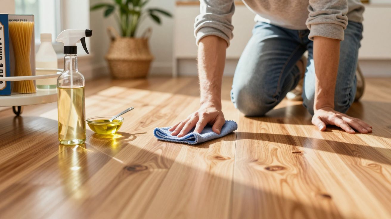Persona limpiando el suelo de madera con un paño azul, rodeada de productos de limpieza y tarro de líquido amarillo.