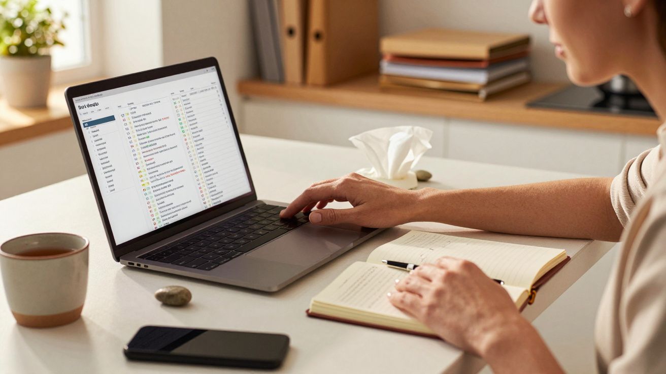 Persona trabajando en un portátil con un cuaderno abierto y un teléfono móvil en la mesa.