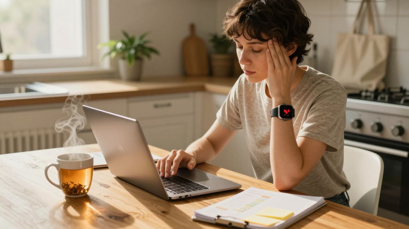 Persona trabajando en un portátil en la cocina, con infusión y documentos en la mesa. Lleva un reloj inteligente.