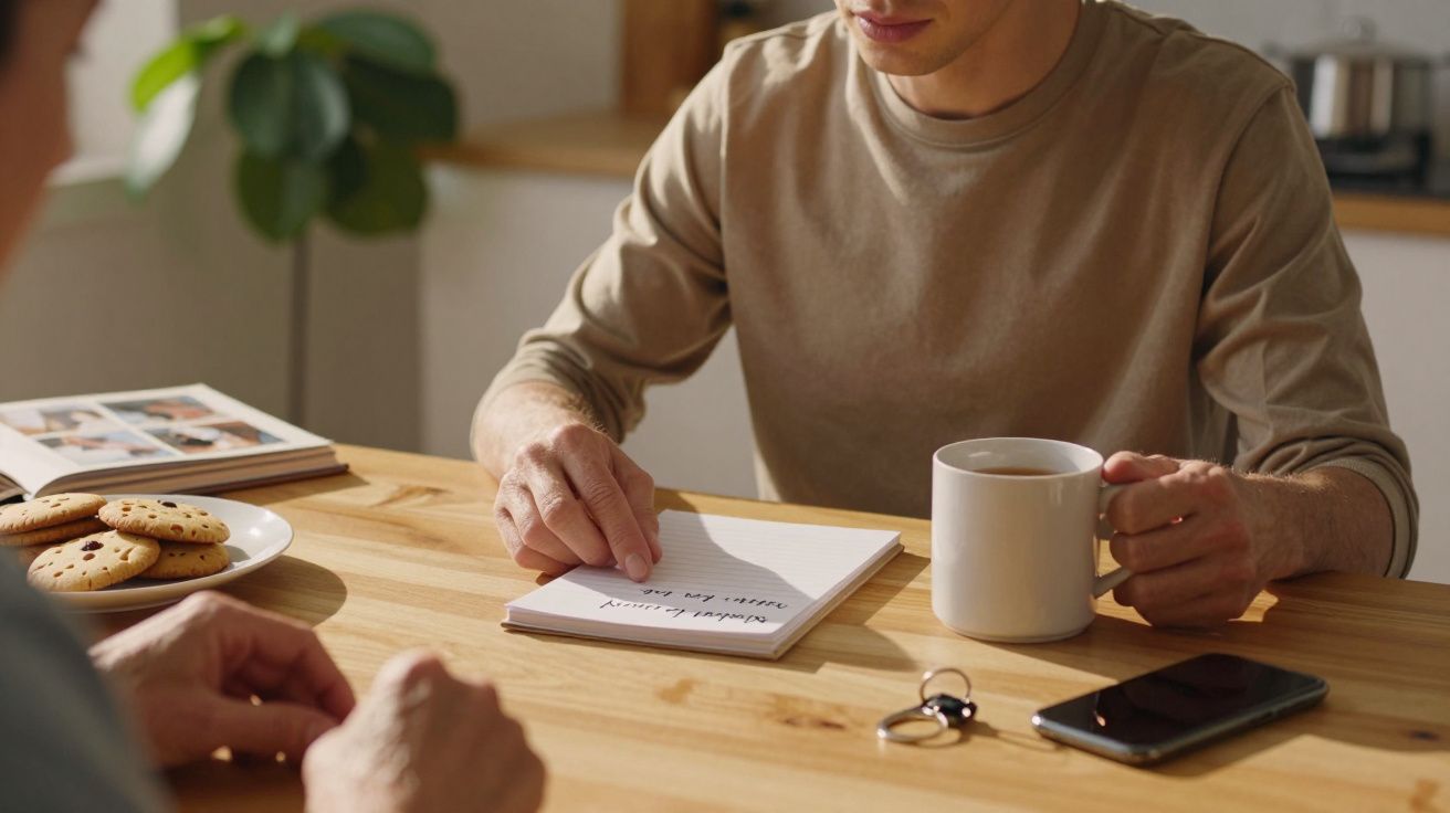Hombre con taza de café y bloc de notas, sentado frente a otra persona en mesa de madera con móvil y galletas.