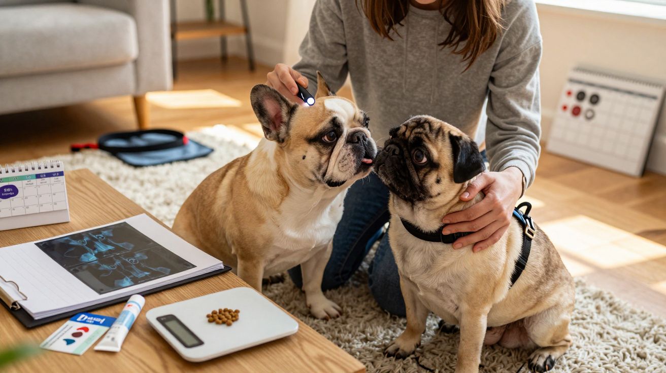 Mujer examina a dos perros en casa con herramientas veterinarias sobre una mesa.