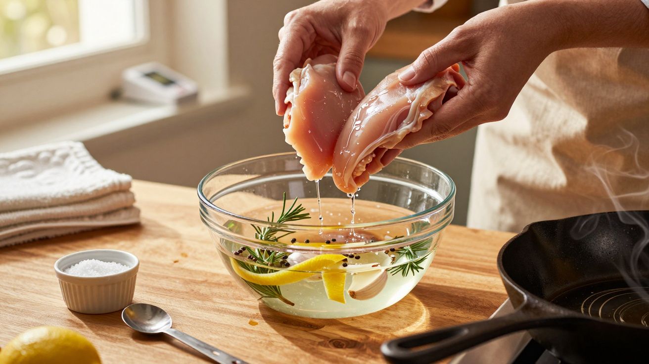 Manos sumergiendo pollo crudo en un bol con agua, rodajas de limón y hierbas en una cocina iluminada.