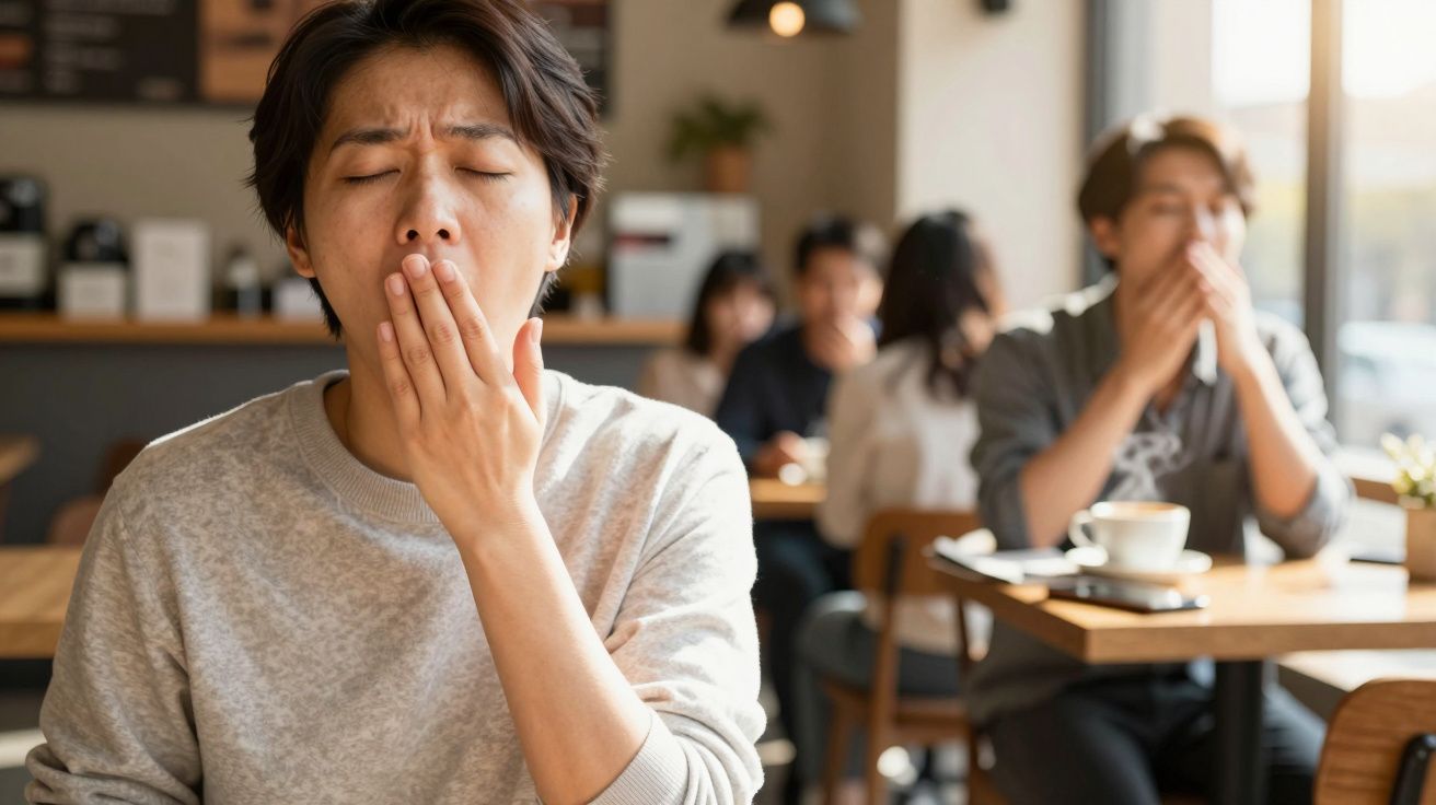 Persona bostezando en una cafetería mientras otra persona al fondo también bosteza. Mesa con taza de café en primer plano.