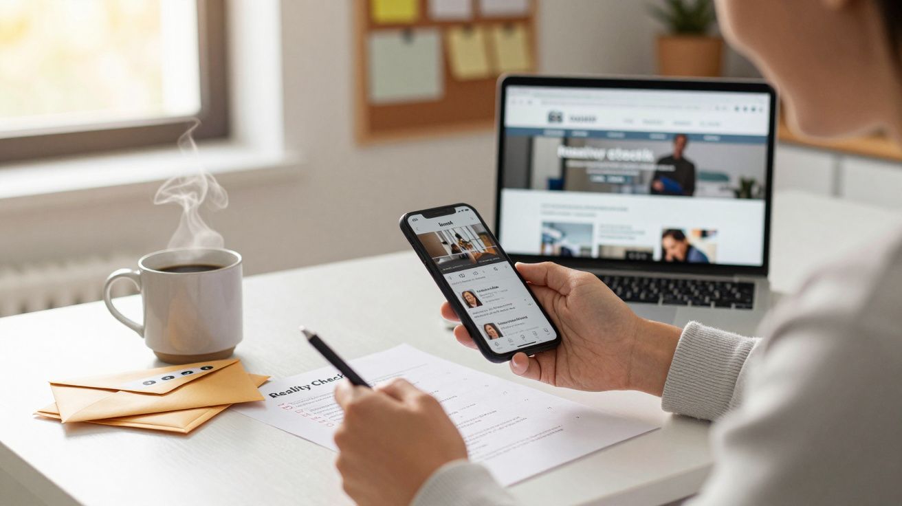 Persona usando un smartphone frente a un portátil con una taza de café y sobres en un escritorio blanco.