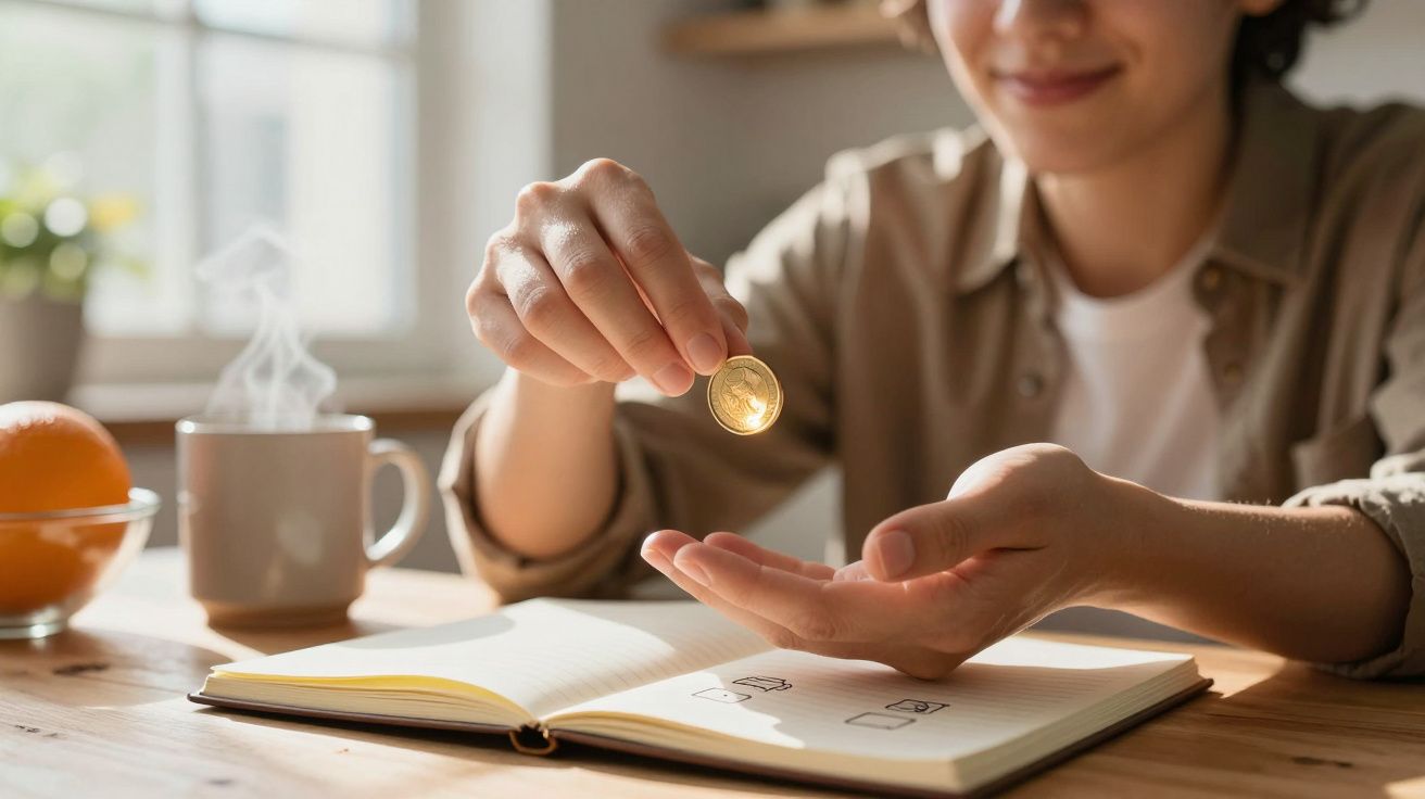 Persona sosteniendo una moneda sobre un diario en una mesa de madera, con una taza de café y una fruta a un lado.