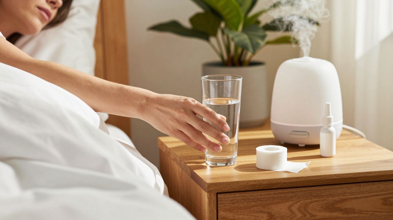 Persona en la cama, alcanza un vaso de agua en la mesilla con humidificador y plantas al fondo.
