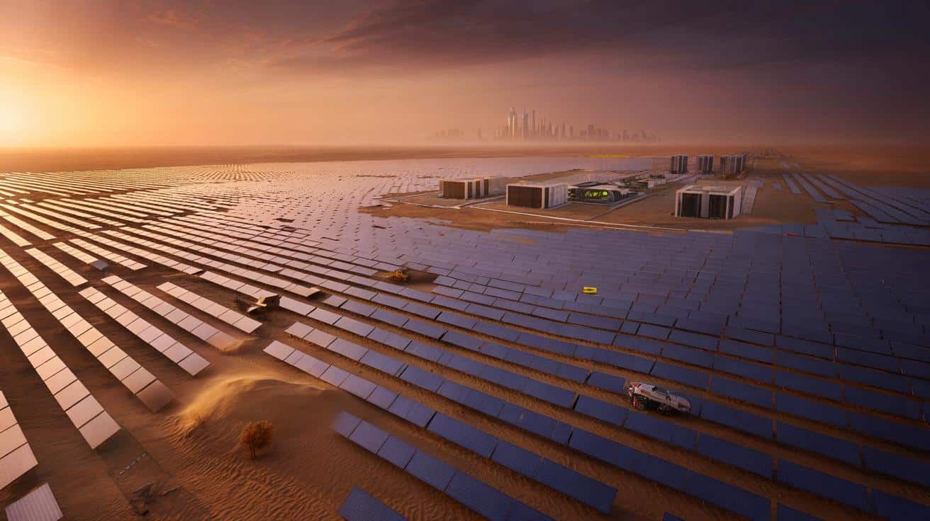 Hombre con casco ajusta equipo en planta solar en el desierto, paneles solares y torres de refrigeración al fondo.
