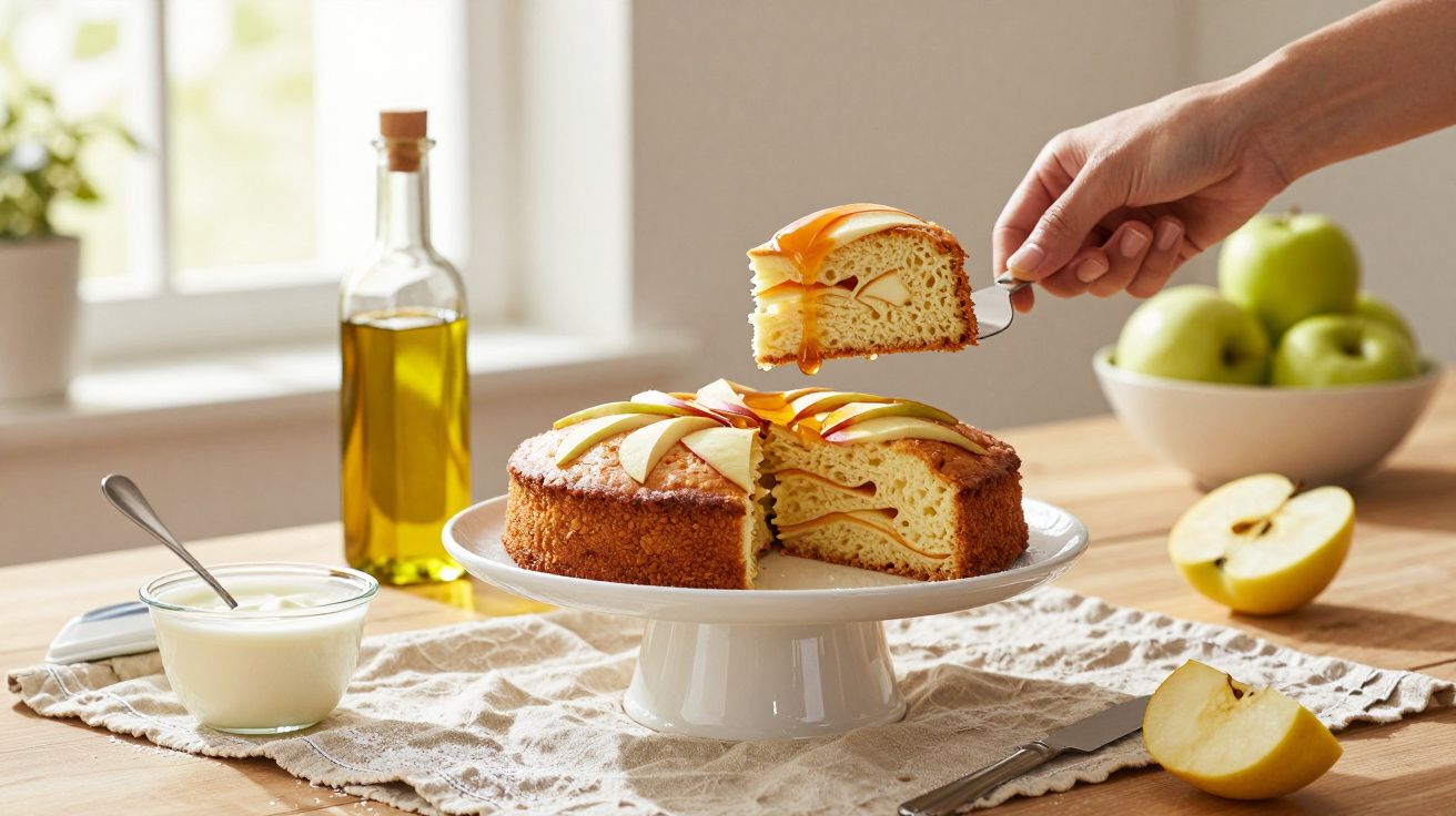 Tarta de manzana sobre un plato blanco, con una mano cortando una porción. Botella de aceite y manzanas de fondo.