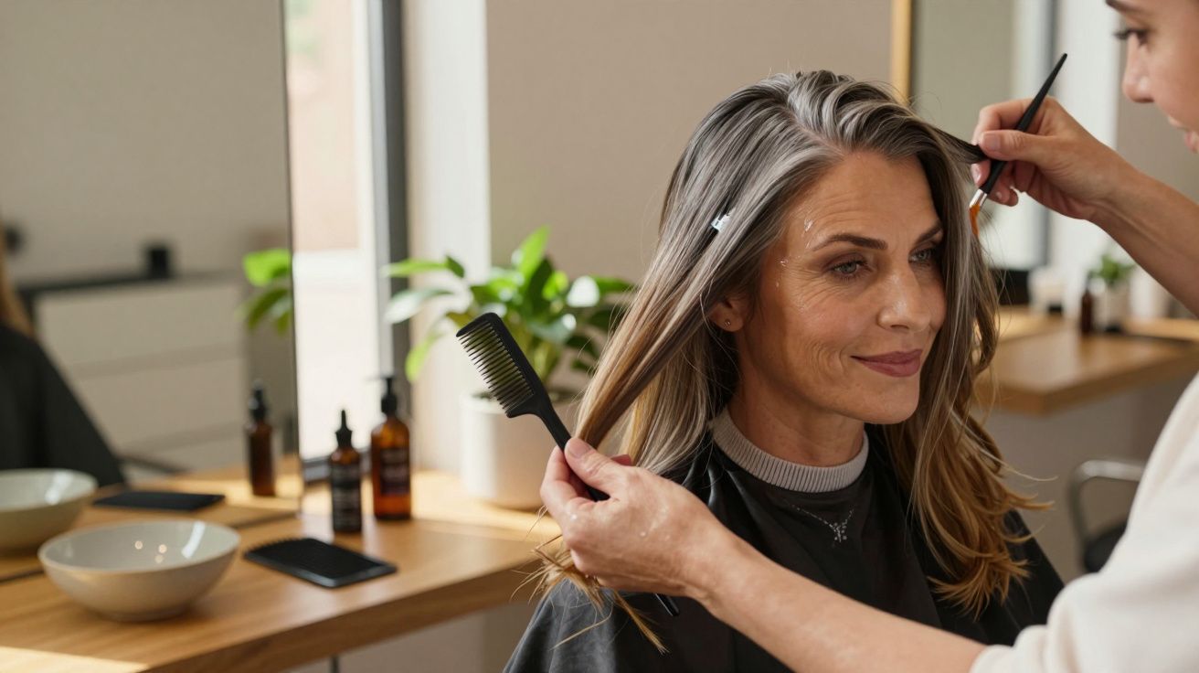 Mujer recibiendo un corte de pelo en una peluquería, estilista peinando con peine y brocha, plantas de fondo.