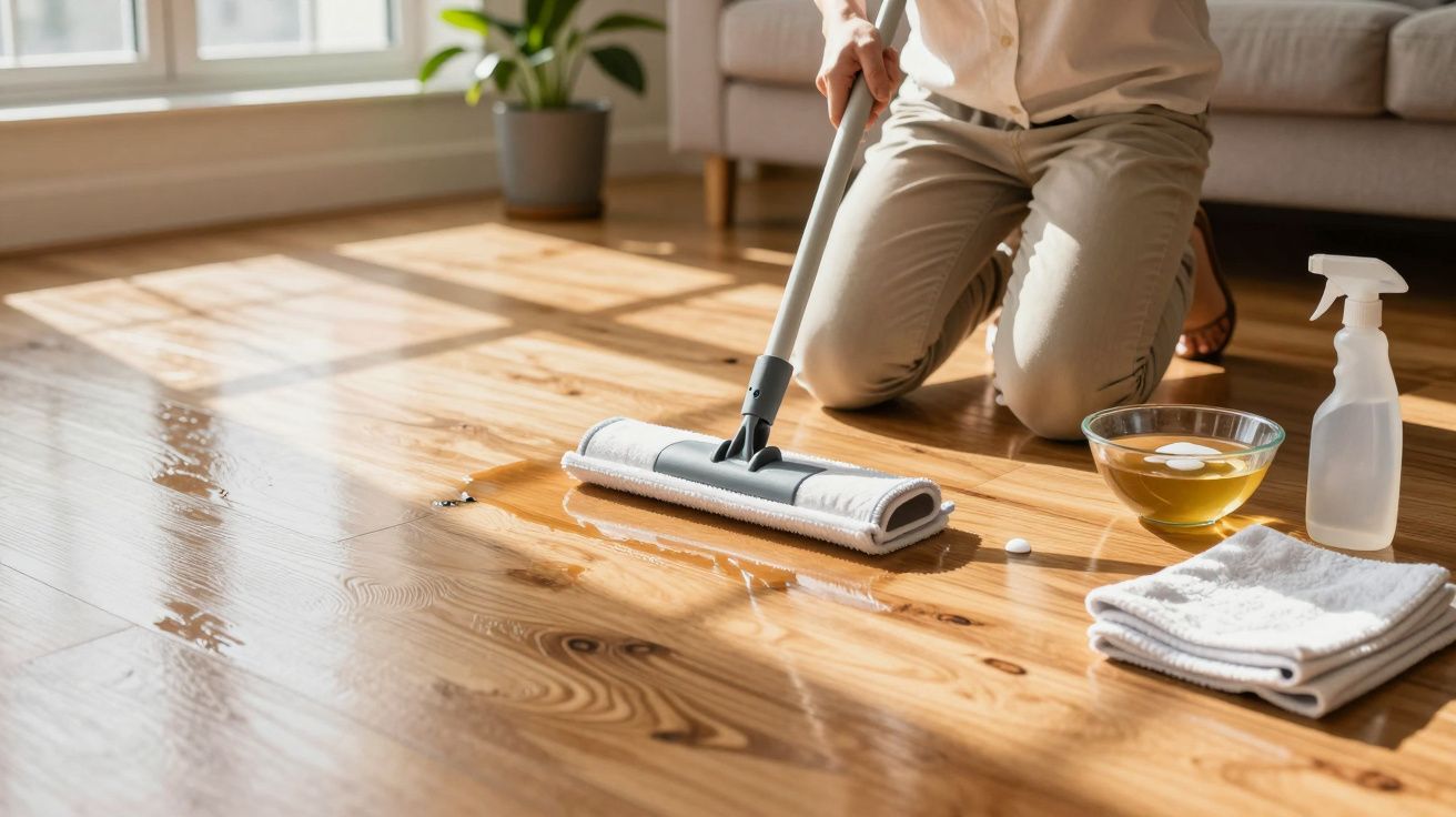 Persona limpiando un suelo de madera con una mopa, rodeada de productos de limpieza y toallas bajo luz natural.