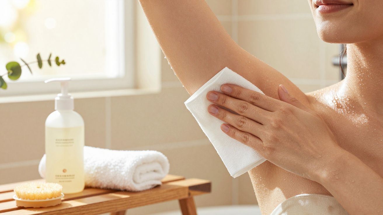 Mujer en baño sobándose la axila con toalla, junto a gel y toalla blanca sobre banco de madera.