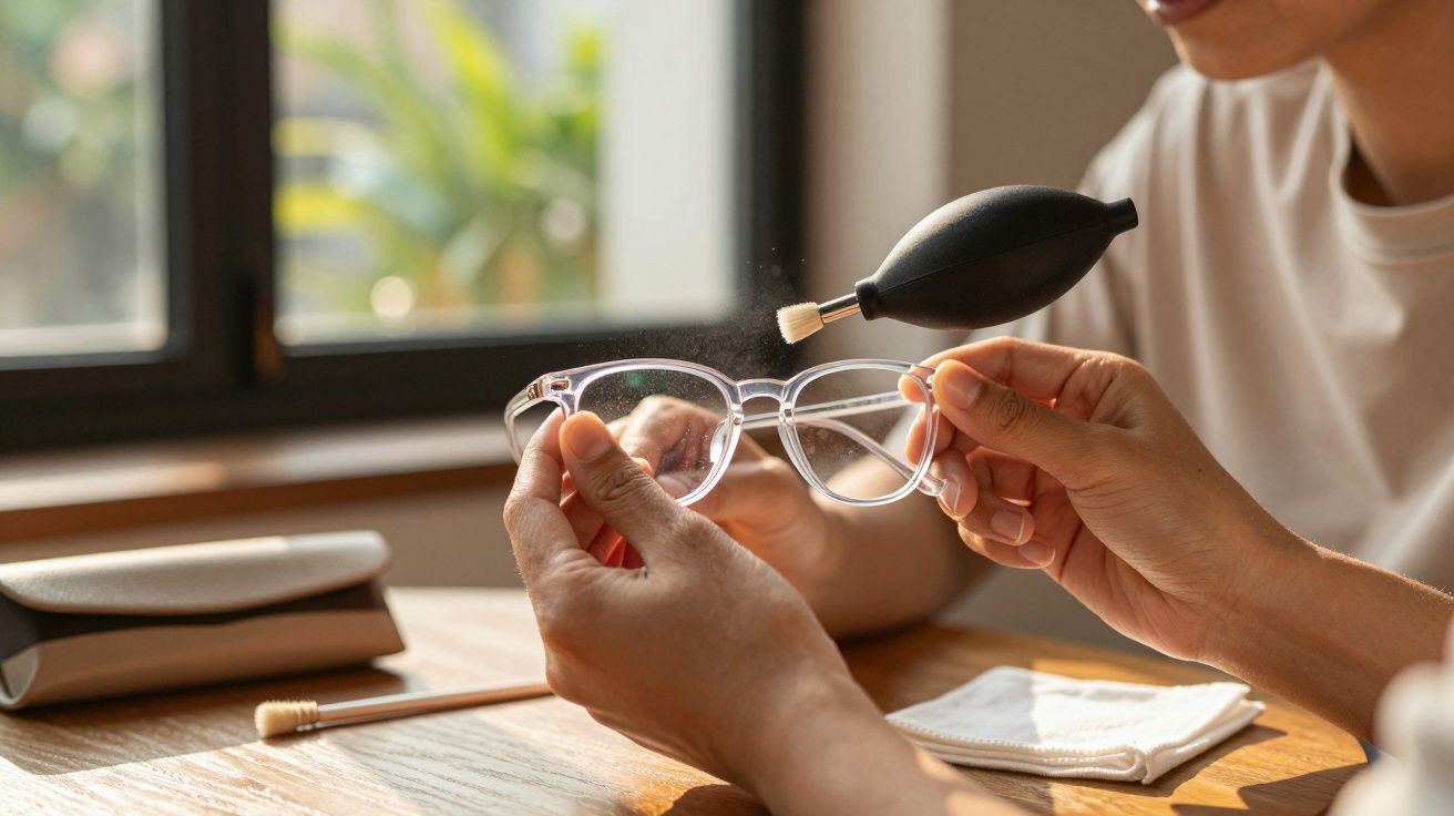 Persona limpiando gafas con un soplador de aire sobre una mesa de madera, luz natural entrando por la ventana.