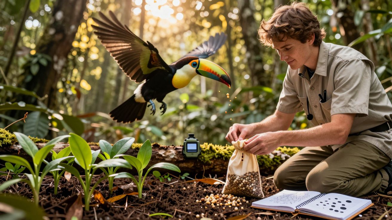 Un tucán vuela cerca de un científico investigando plantas jóvenes en una selva, con semillas y un cuaderno.