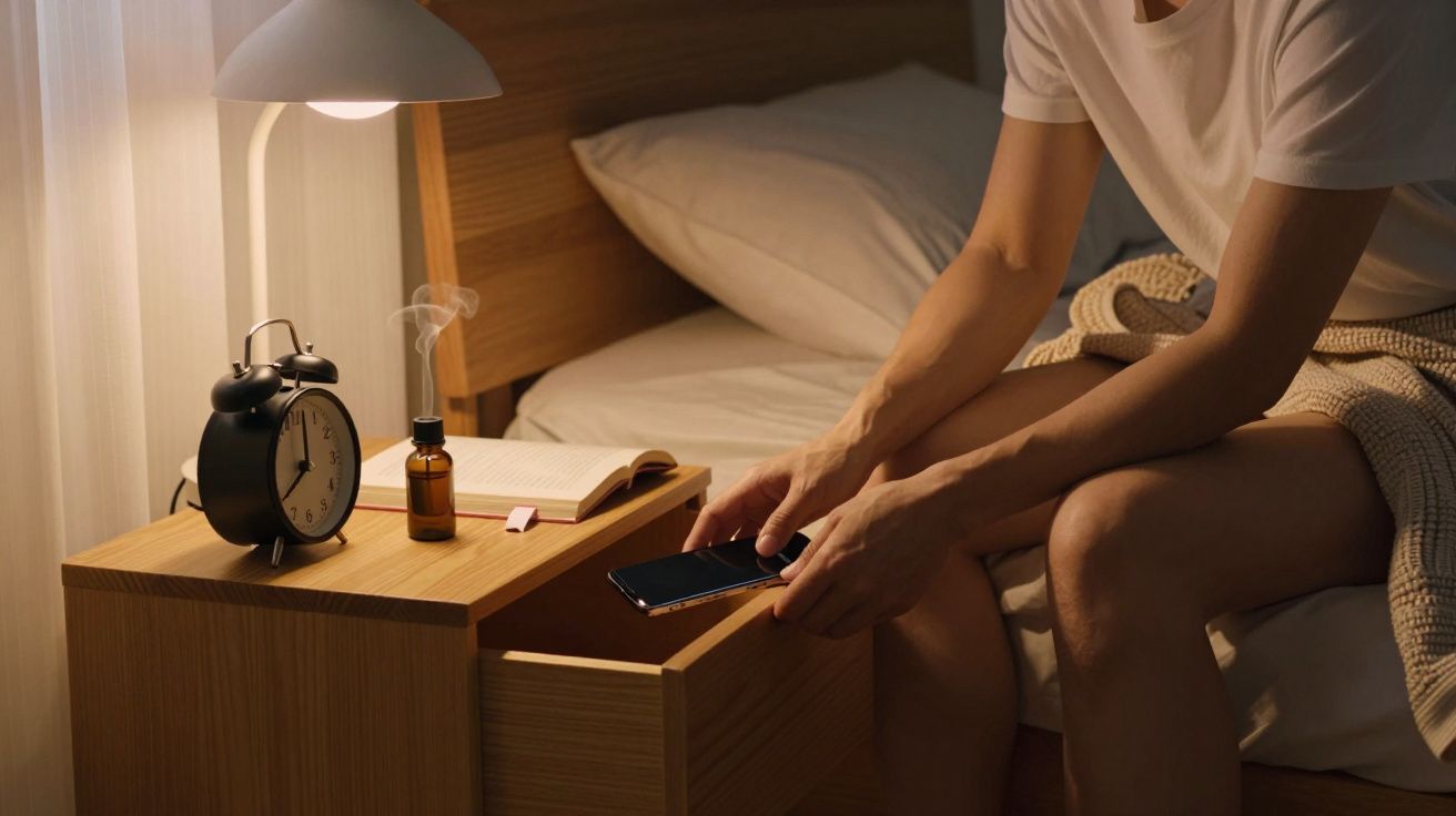 Persona sentada en cama, guarda un móvil en el cajón de una mesita de noche con libro, reloj y lámpara encendida.