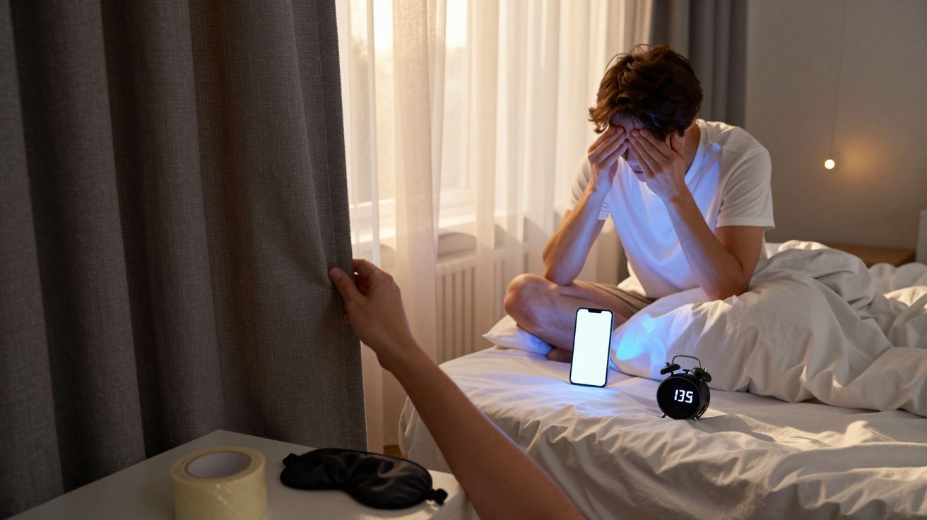 Persona sentada en la cama frotándose los ojos, mientras una mano abre las cortinas, mostrando un reloj despertador en la mes