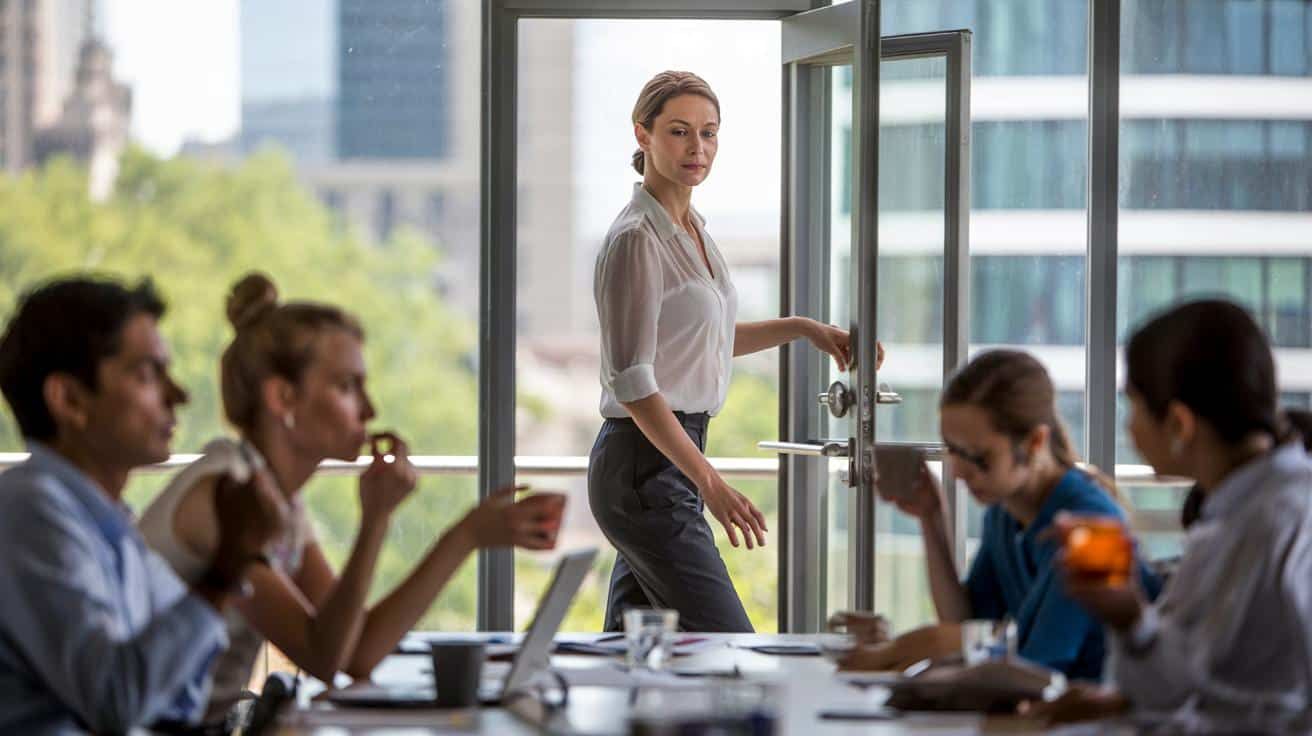 Hombre con abrigo beige cruza la calle, rodeado de personas caminando en una ciudad moderna.