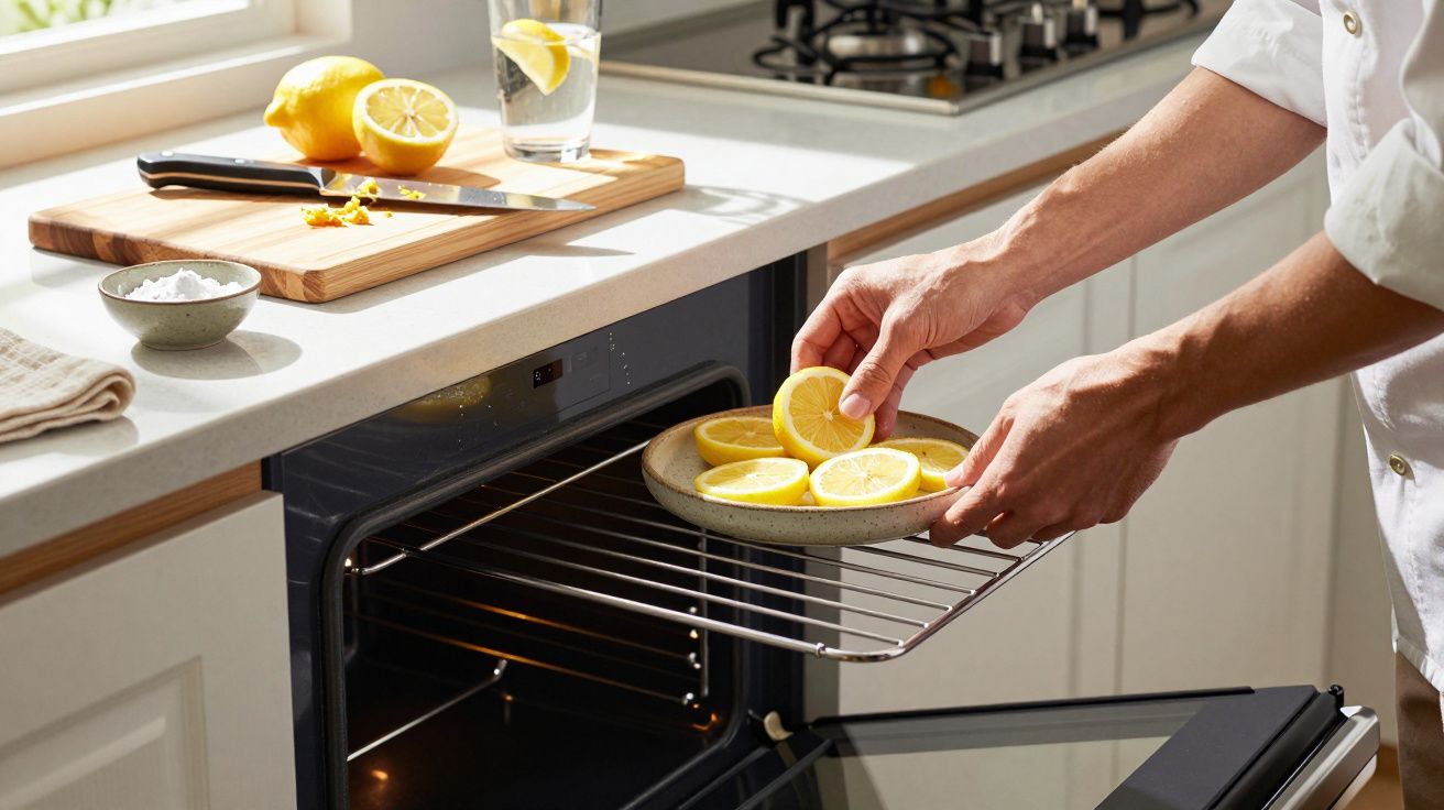 Manos colocando rodajas de limón en un horno abierto, con un vaso y limones en la encimera junto a una ventana.