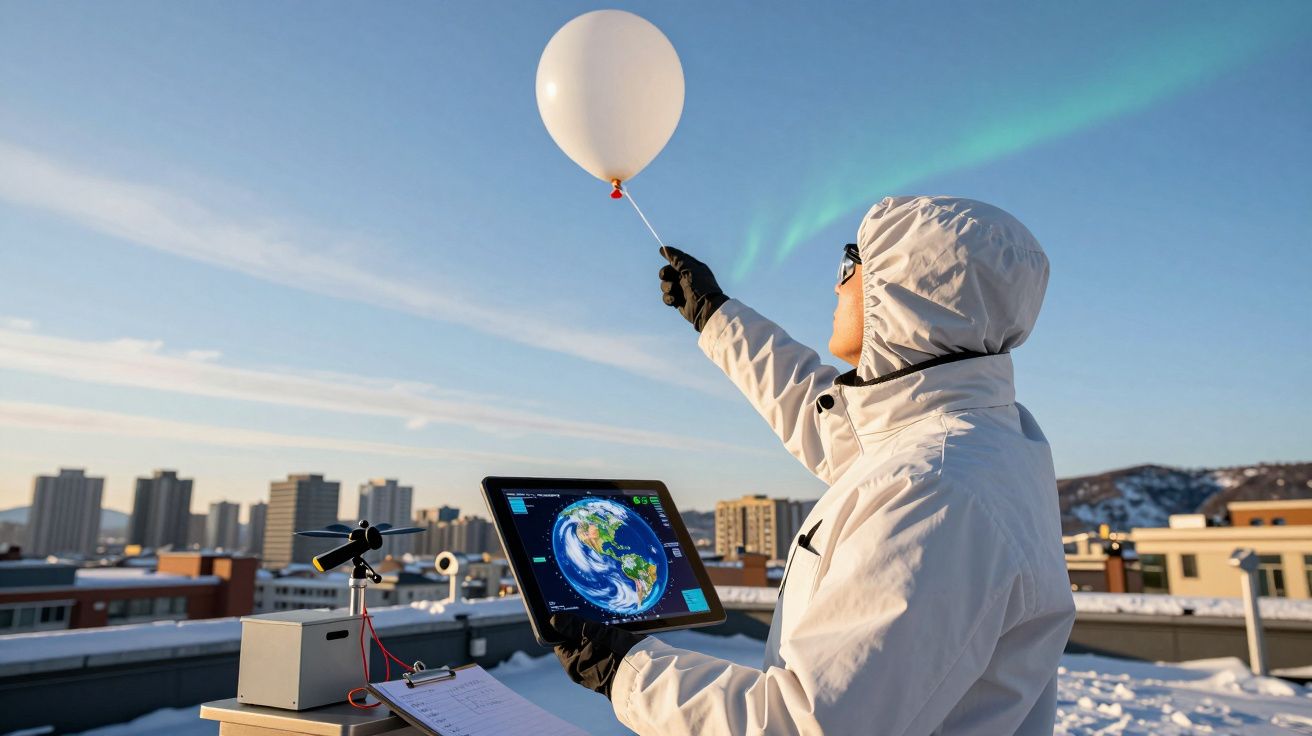 Persona en abrigo blanco lanza globo meteorológico en azotea nevada, sostiene tablet con imagen de la Tierra, ciudad al fondo