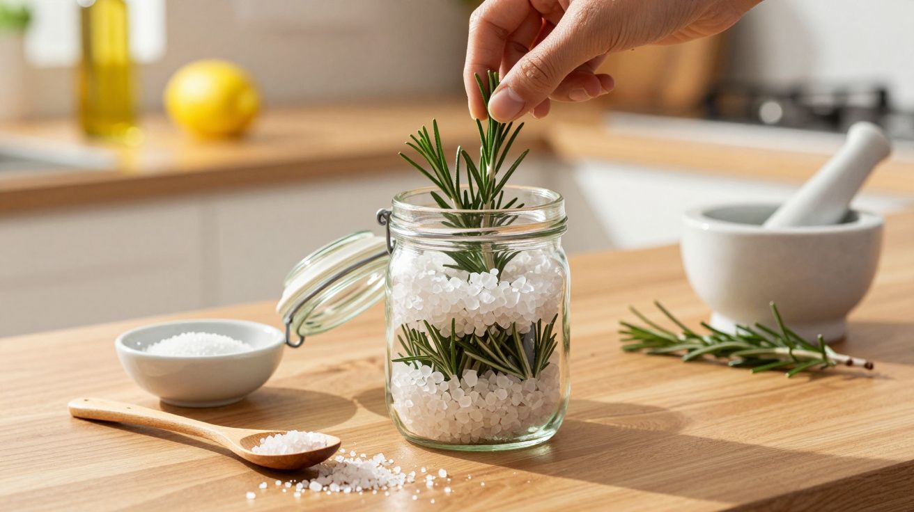 Mano colocando romero en un tarro de cristal con sal, sobre una mesa de cocina con mortero y cuchara de madera.