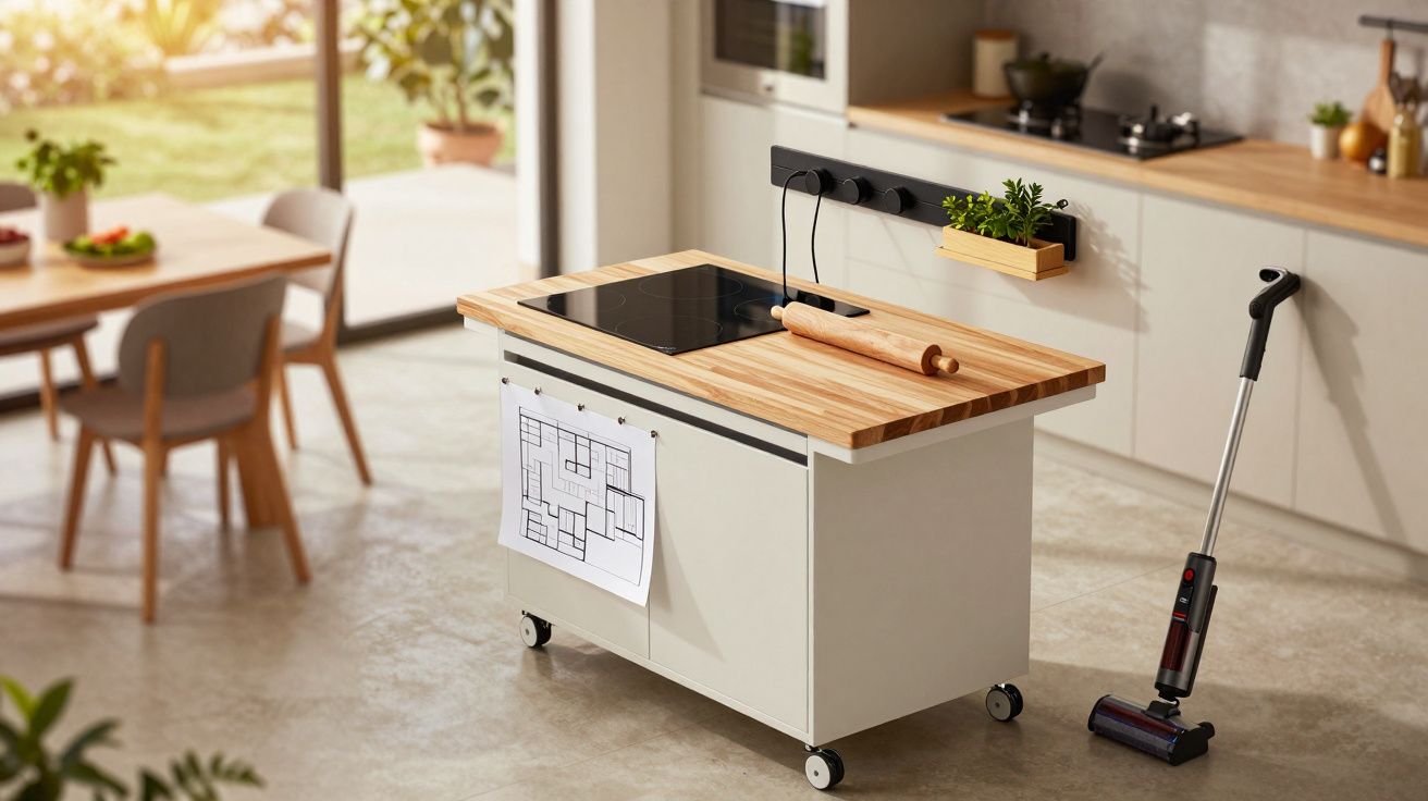 Isla de cocina móvil con encimera de madera, planos, rodillo y aspiradora en suelo de cocina moderna y luminosa.