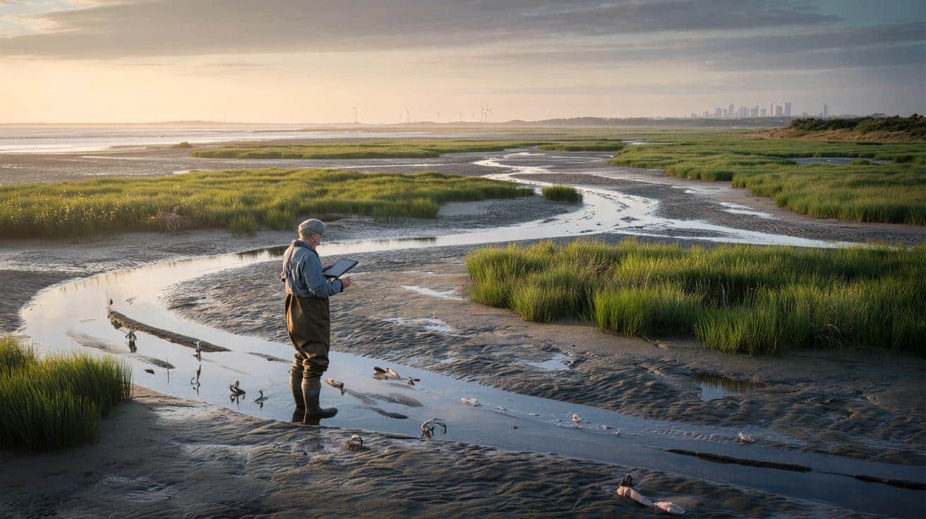 Investigador de campo analizando plantas y datos en una tablet en un entorno natural junto al agua.